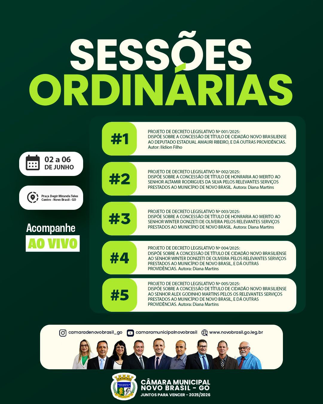 SESSÕES ORDINÁRIAS | 02 a 06 de Junho